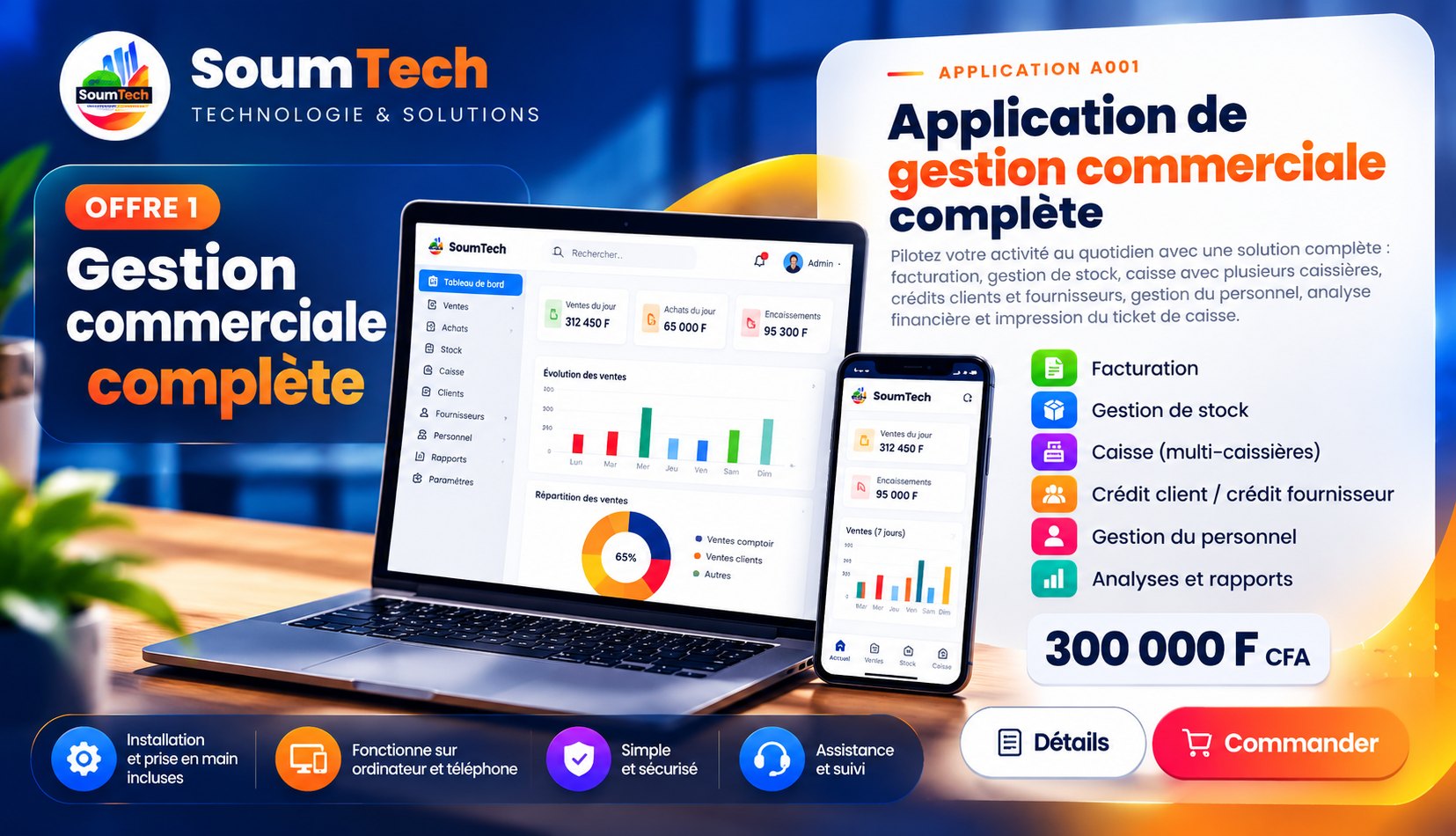Offre 1 SoumTech : application de gestion commerciale complète sur ordinateur et téléphone, 300 000 F CFA